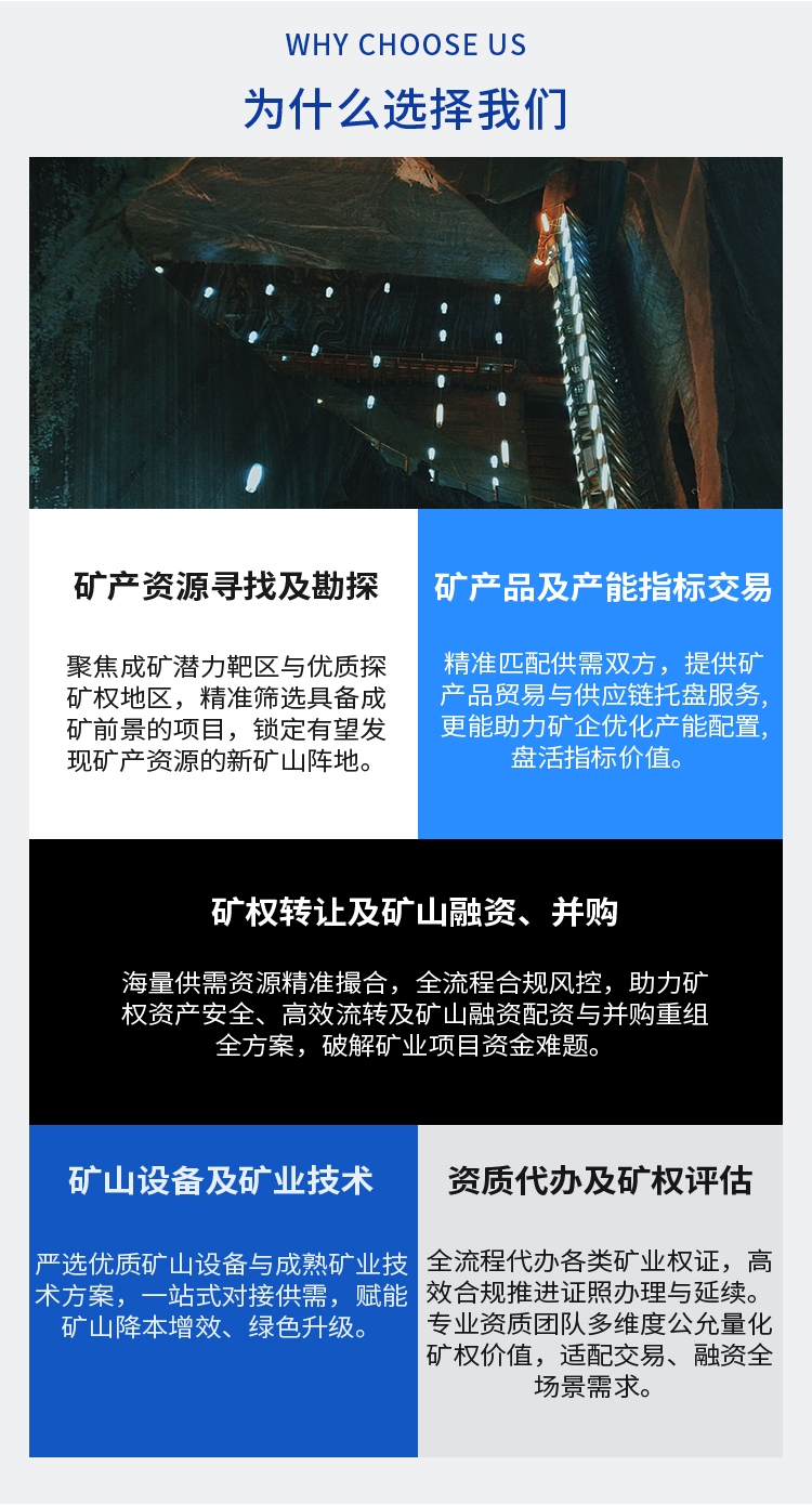 矿产资源寻找及勘探；矿产品及产能指标交易；矿权转让及矿山融资、并购；矿山设备及矿业技术；