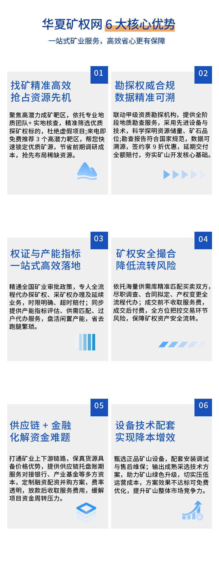 ① 找矿精准高效，抢占资源先机  　　聚焦高潜力成矿靶区，依托专业地质团队 + 实地核查，精准筛选优质探矿权标的，杜绝虚假项目;来电即免费推荐 3 个高潜力靶区，帮您快速锁定优质矿源，节省前期调研成本，抢先布局稀缺资源。  　　② 勘探权威合规，数据精准可溯  　　联动甲级资质勘探机构，提供全阶段地质勘查服务，采用先进设备与技术，科学探明资源储量、矿石品位;勘查报告符合国家规范，数据可溯源，签约享 9 折优惠，延期交付全额赔付，夯实矿山开发核心基础。  　　③ 权证代办省心，快速拿证不延误  　　精通全国矿业审批政策与流程，专人全流程代办探矿权、采矿权等各类证照及延续业务;办理流程透明，明确时限承诺，超时按日赔付，无需您跑腿费心，高效推进项目落地。  　　④ 矿权评估公允，适配全场景需求  　　专业资质团队出具合规评估报告，结合资源储量、市场行情等多维度量化矿权价值，报告可直接用于交易、融资、并购;免费提供报告解读，评估结果不达标可免费复核，为您决策提供可靠依据。  　　⑤ 矿权交易安全，撮合高效零风险  　　海量供需资源库精准匹配买卖双方，全程把控交易风险，从尽职调查、合同拟定到产权变更全流程代办;交易成功前不收取任何服务费，成交后付费，保障矿权资产安全、高效流转。  　　⑥ 贸易托盘赋能，缓解资金压力  　　打通矿业上下游供需链路，整合优质货源与采购渠道，矿产品货源保真、价格低于市场 3%-5%;提供供应链托盘服务，可享最高 3 个月账期，保障货源稳定，破解资金周转难题。  　　⑦ 融资配资灵活，破解资金瓶颈  　　链接银行、产业基金等多元资本，定制专属融资、配资、并购方案，审核效率比行业快 30%;费率透明无隐形消费，成功放款后再收服务费，解决矿业项目投资大、周期长的资金痛点。  　　⑧ 设备技术优质，降本增效看得见  　　严选国内外正品矿山设备，提供免费安装调试与售后维保;匹配成熟采选技术方案，助力矿山绿色升级，技术升级后可实现运营成本降低 10%-15%，效果不达标免费优化，提升核心竞争力。  　　⑨ 产能指标盘活，合规交易有保障  　　搭建合规透明的产能指标交易渠道，免费提供指标价值评估，精准匹配供需;交易手续全程代办，快速完成指标过户，帮您盘活闲置指标、获取合规产能，优化产能配置。